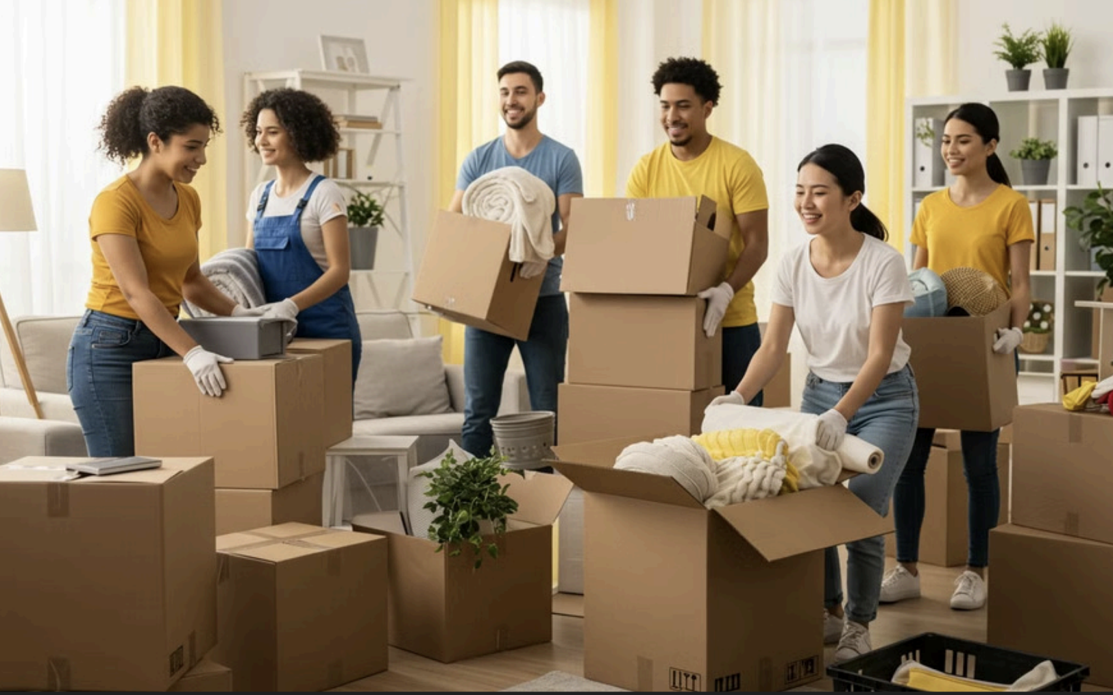 Group of people with moving boxes in a home.