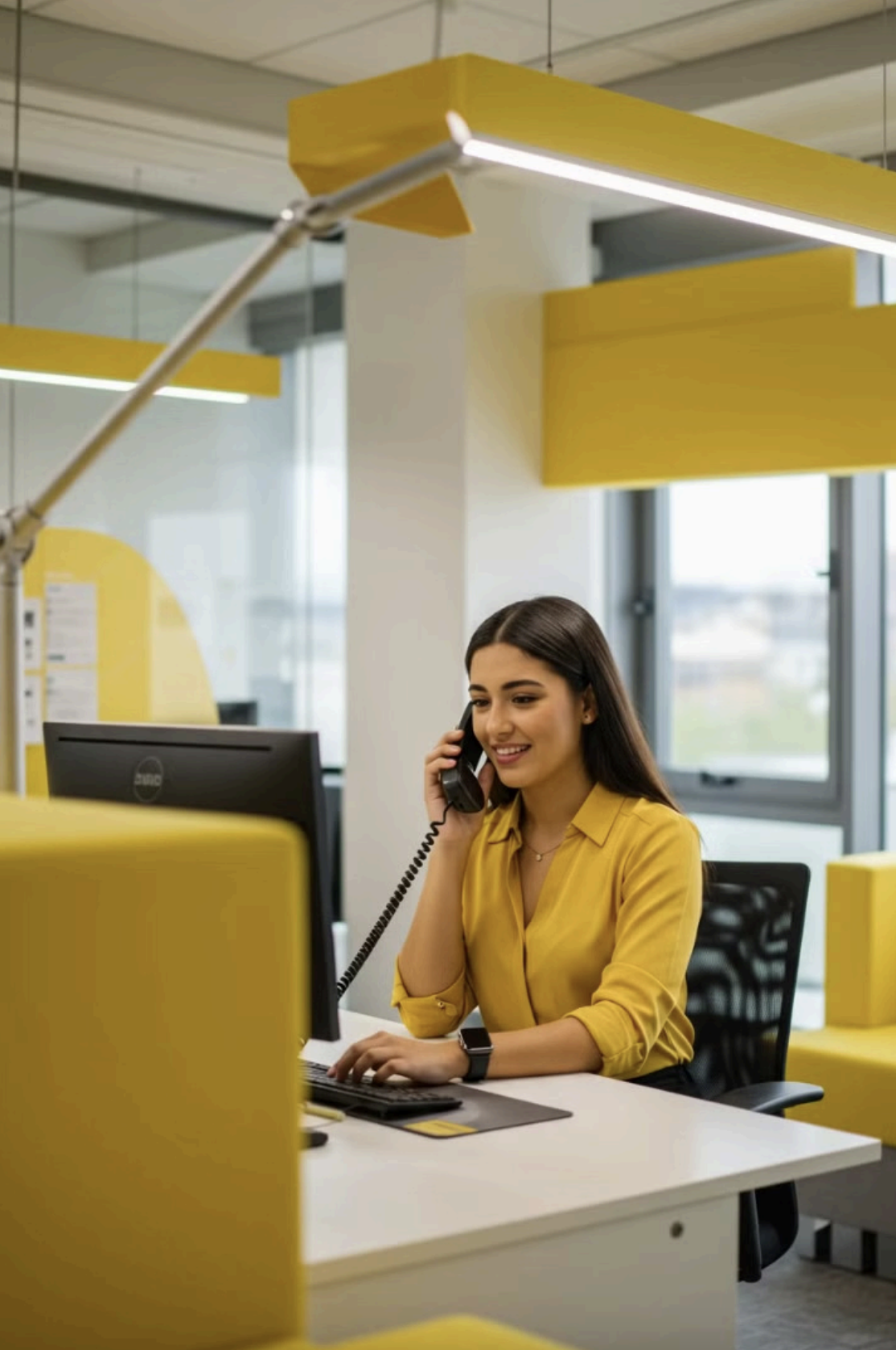 A customer support representative on the phone.