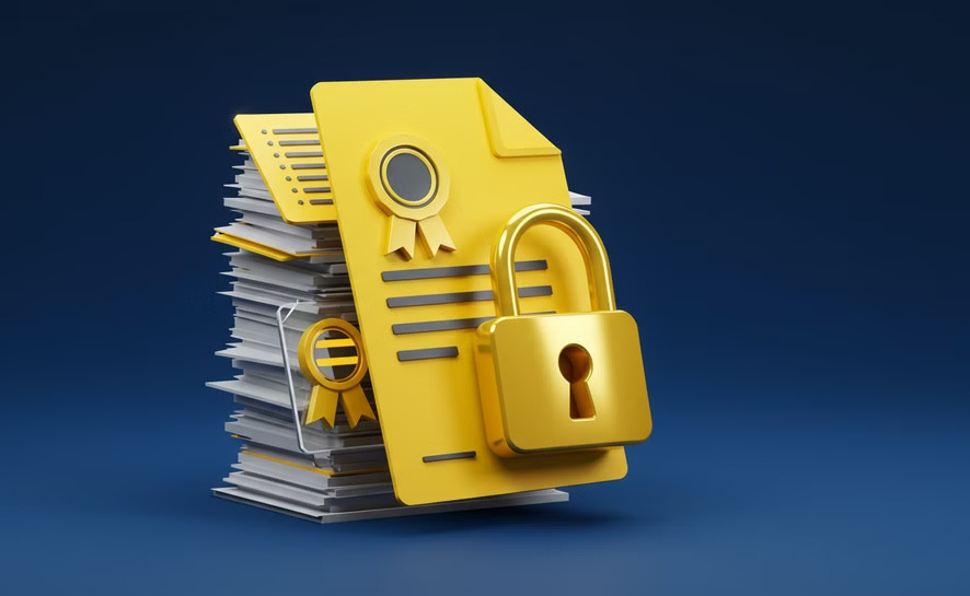 An icon of a lock on a stack of documents depicting security.