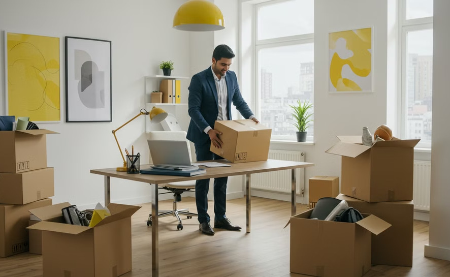A man standing at his desk with a moving box.