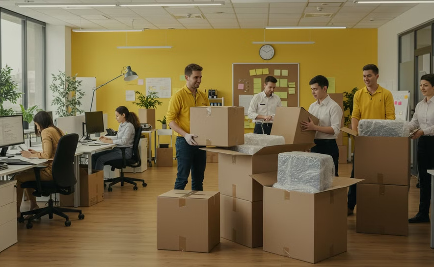 People unpacking boxes in an office setting.
