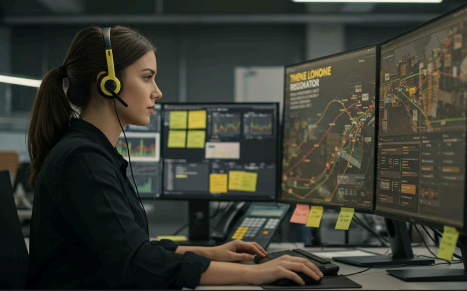 A moving support agent looking at a computer.